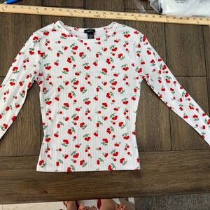 rule21 Womens White Red Cherry Print Ribbed Long Sleeve Crew Neck‎ Top Size S